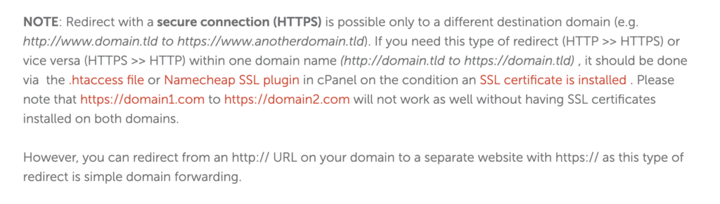 Namecheap HTTP only redirects