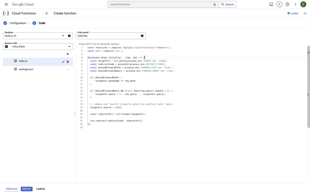 Pasting the code in the cloud function creation UI