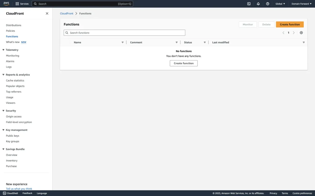 CloudFront functions dashboard