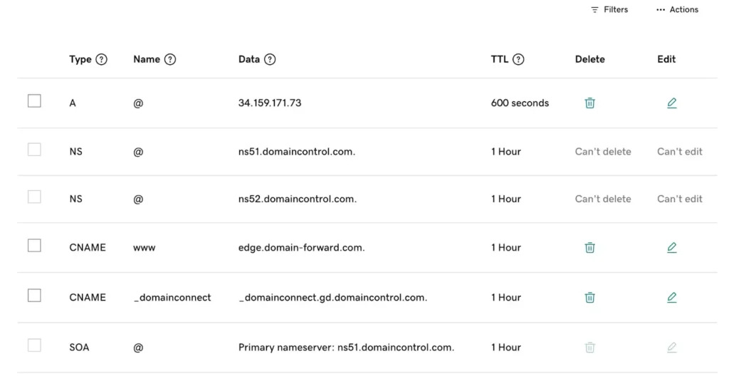 GoDaddy DNS records after changes