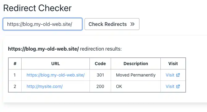 Redirect testing tool showing that the wildcard redirect forwards the blog subdomain