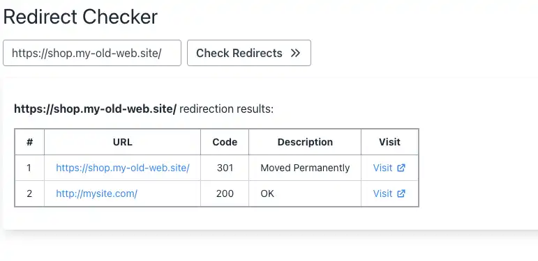 Redirect testing tool showing that the wildcard redirect forwards the shop subdomain