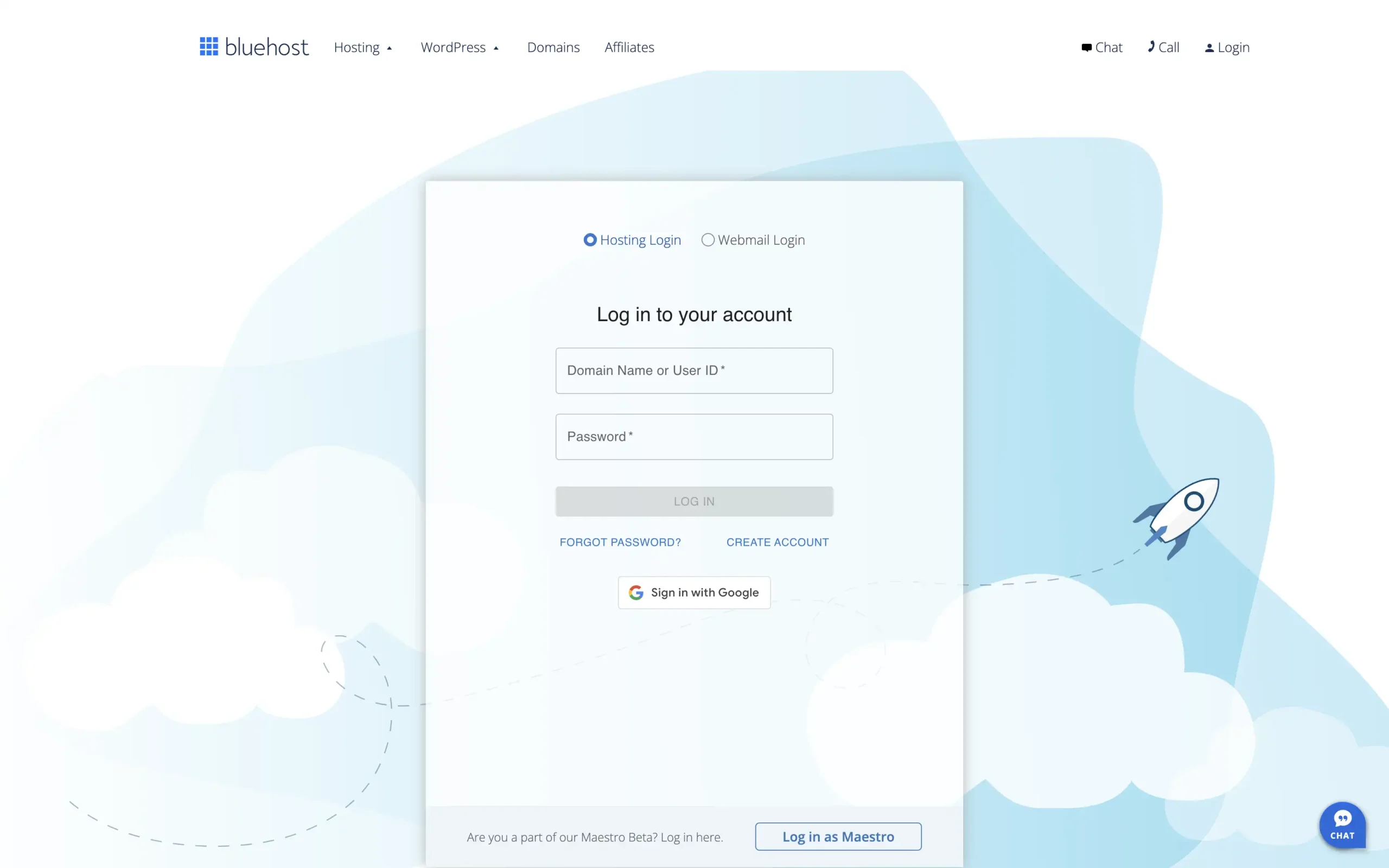 Bluehost panel login page