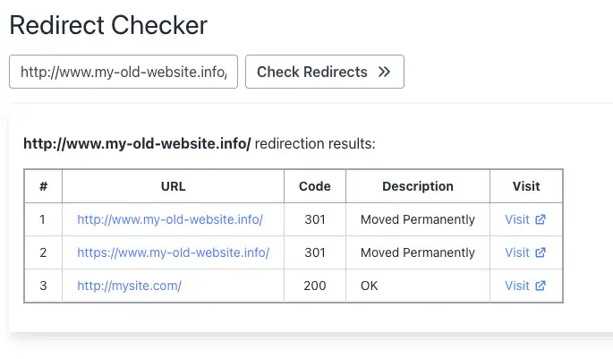 Redirect tester screenshot to verify that redirect works as expected
