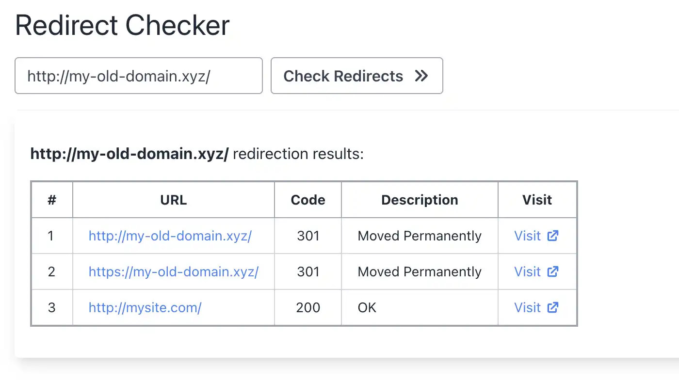 my-old-domain.xyz redirect checker result